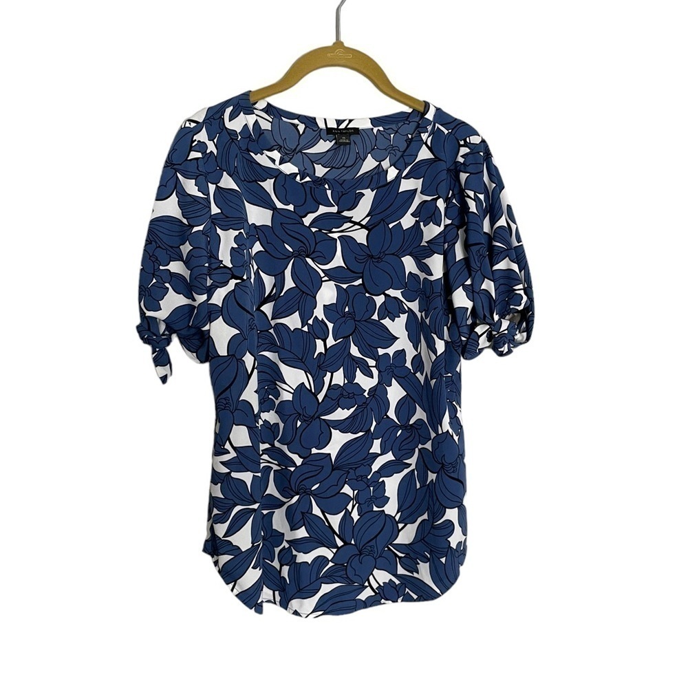 Ann Taylor Blue White Flora Blouse XS Tie Sleeve